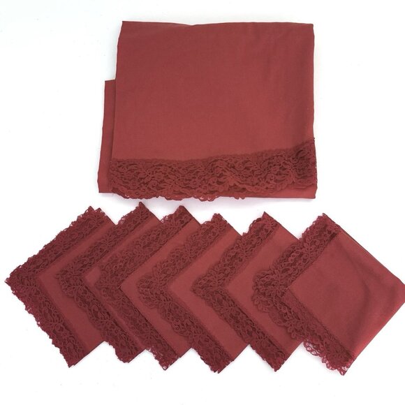Vintage Pure Red Oval Tablecloth 6 Square Napkins Lace Trim On All Immaculate! - Picture 2 of 14